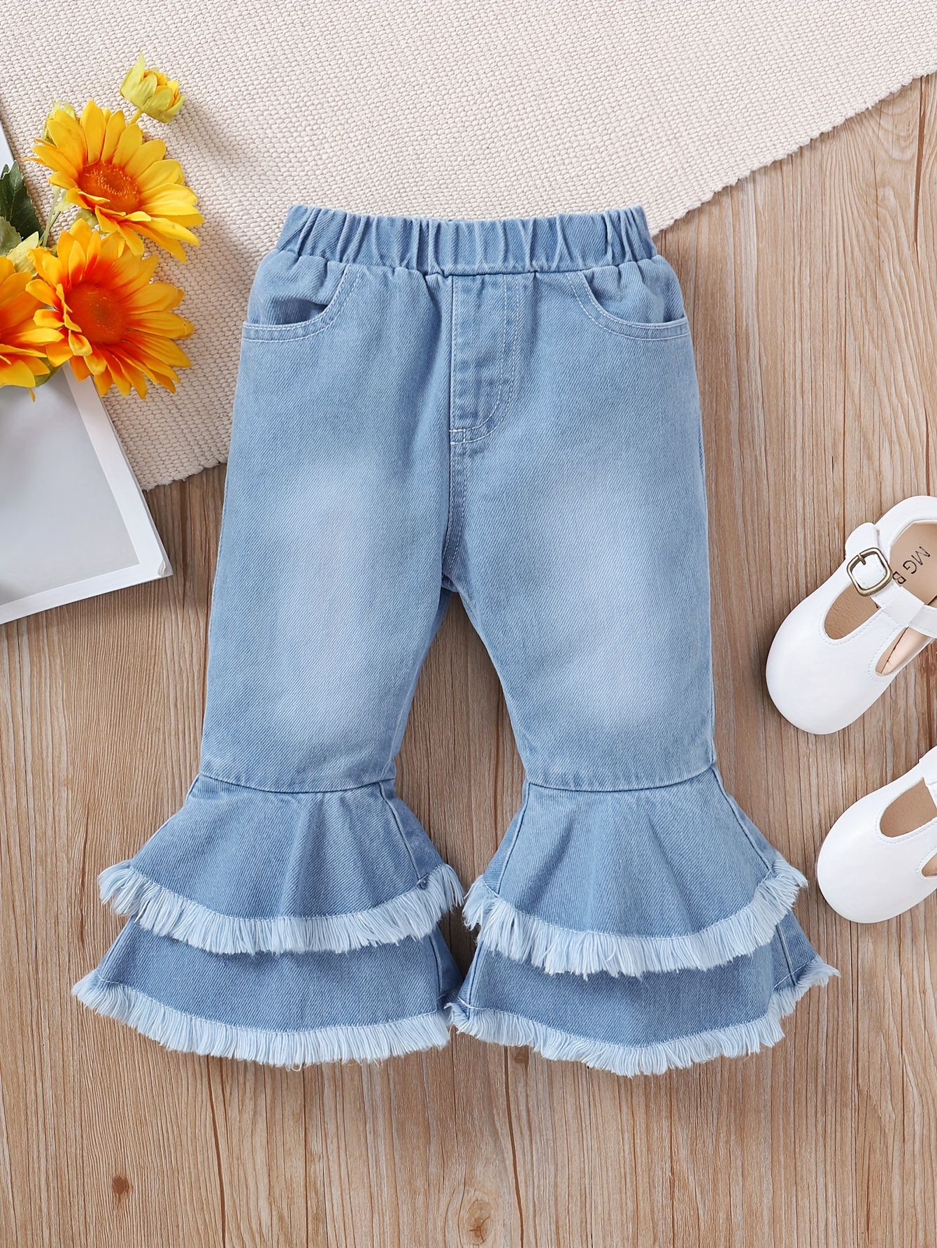 Baby Girls Rose Red Stretch Ripped Jeans Flare Pants Kids - Temu
