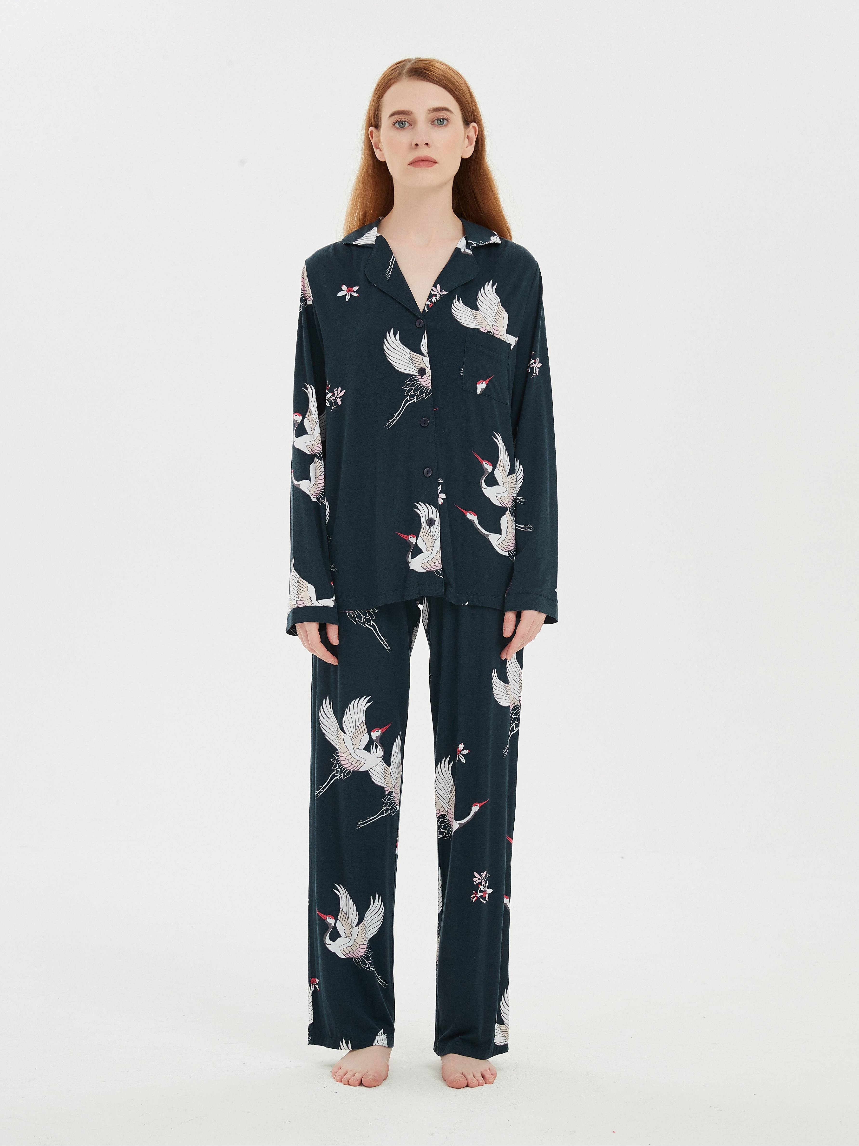 Cartoon Crane Print Pajama Set Long Sleeve Lapel Button Top - Temu