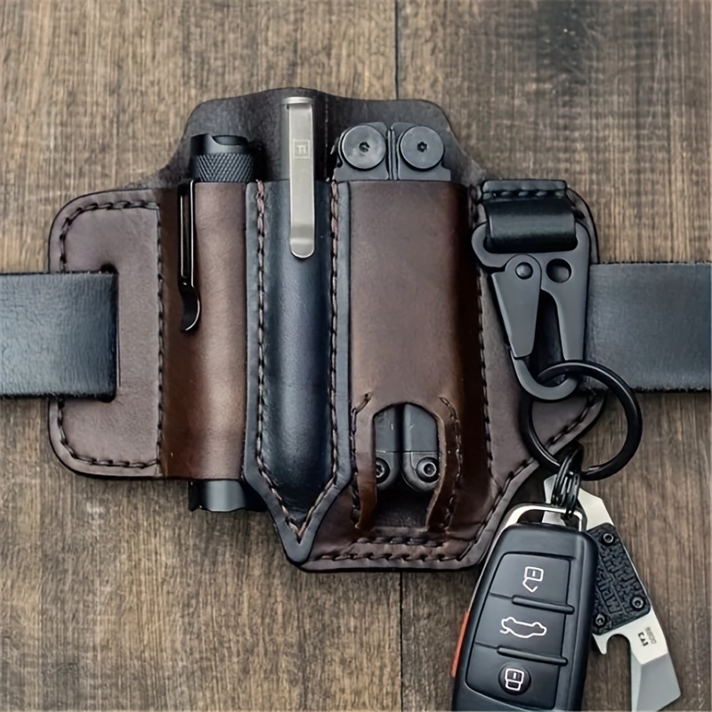multitool sheath for belt leather edc pocket organizer for men sheath with pen holder key fob flashlight sheath edc leather pouch