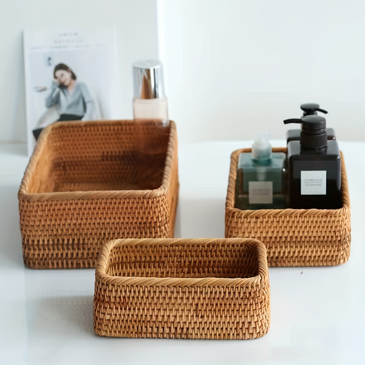 Wicker Storage Baskets for Bathroom, Rattan Rectangular Storage Basket