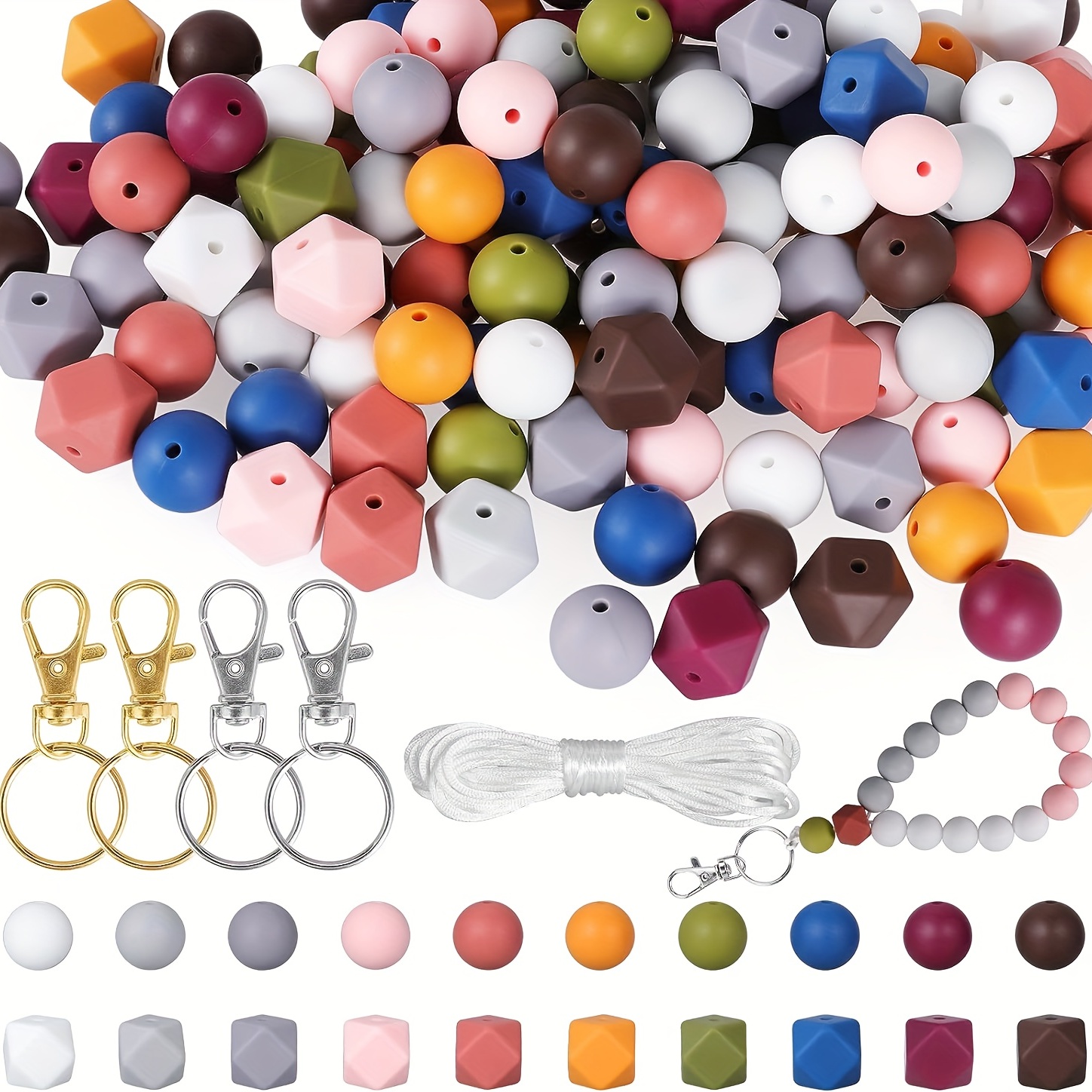 150pcs Silicone Beads 15mm Bulk Round Beads 14mm Hexagon Beads With Storage  Tank For DIY Handmade Key Bag Chain Bracelet Necklace Jewelry Making