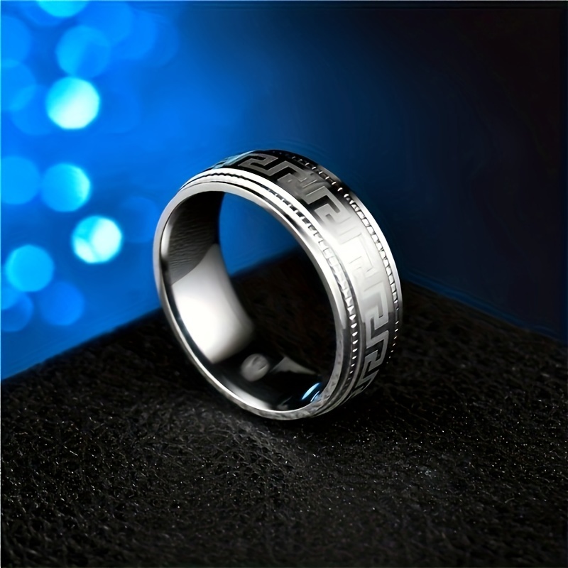 1pc Stainless Steel 8mm Embossed Pattern Ring, Men's Titanium Stainless Steel Ring