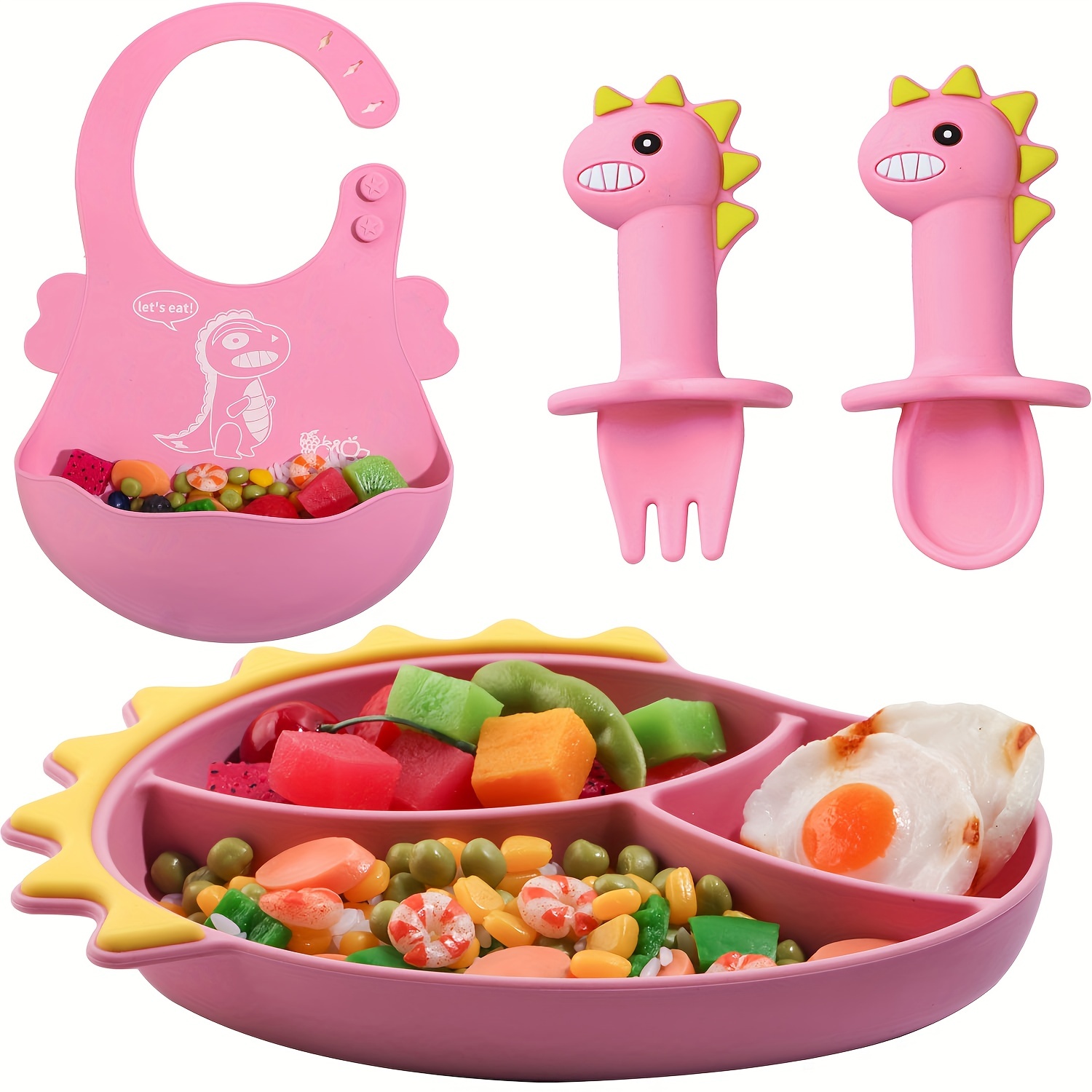  Silicone Suction Baby Plate with Spoon and Fork Dinosaur Baby  Plate Set Baby Self Feed Utensils Baby Spoon Baby Fork Suction Plate : Baby