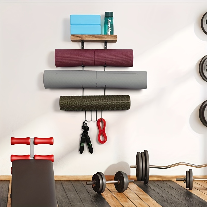 Yoga Mat Holder Wall Mount,Home Gym Equipment Accessories,Thick Accessories  Meditation Yoga Mat,with Wood Floating Shelves and 4 Hooks for Hanging