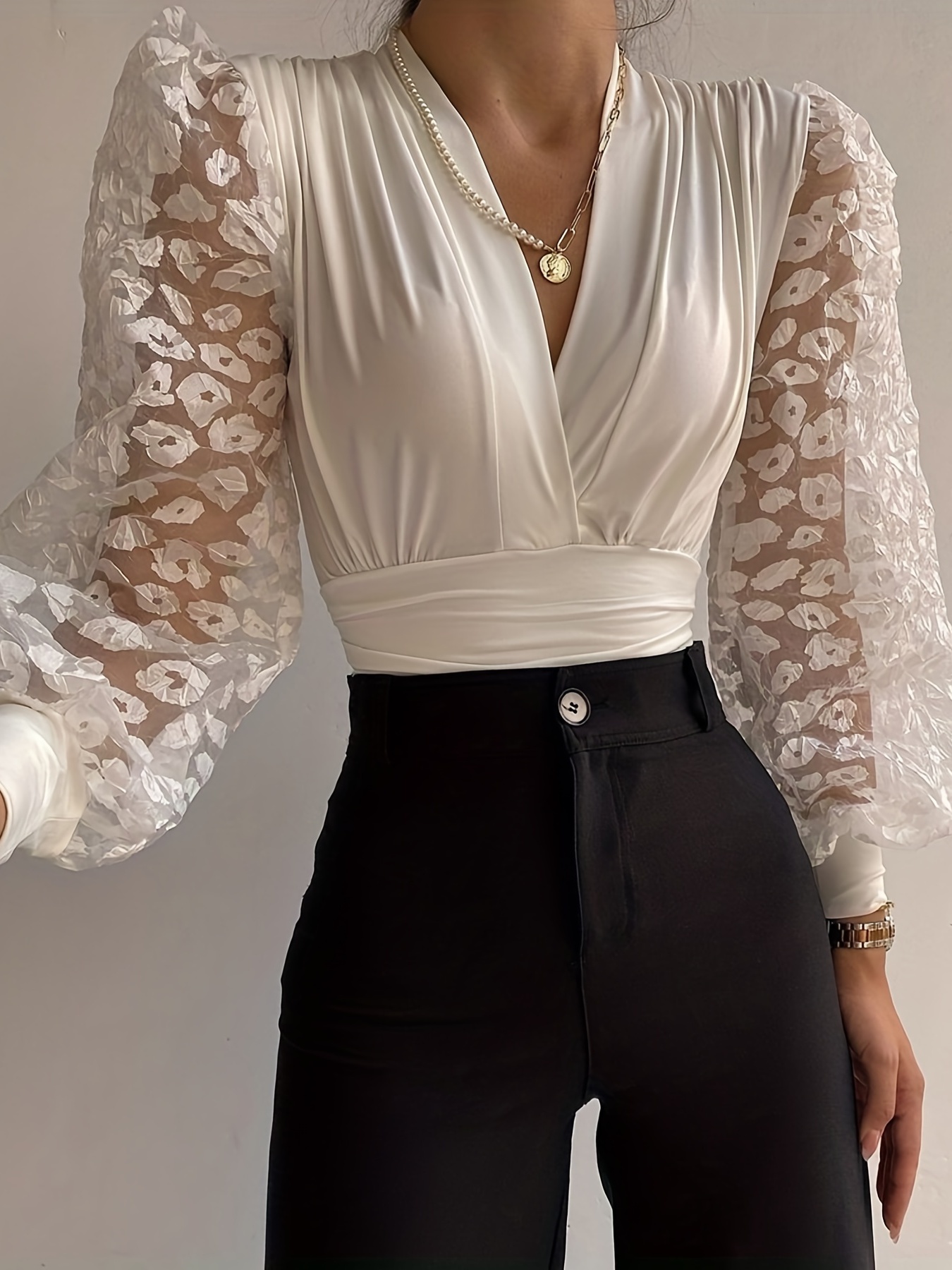 Solid Lace Long Sleeve Blouse, V Neck Casual Loose Shirt For Spring ...