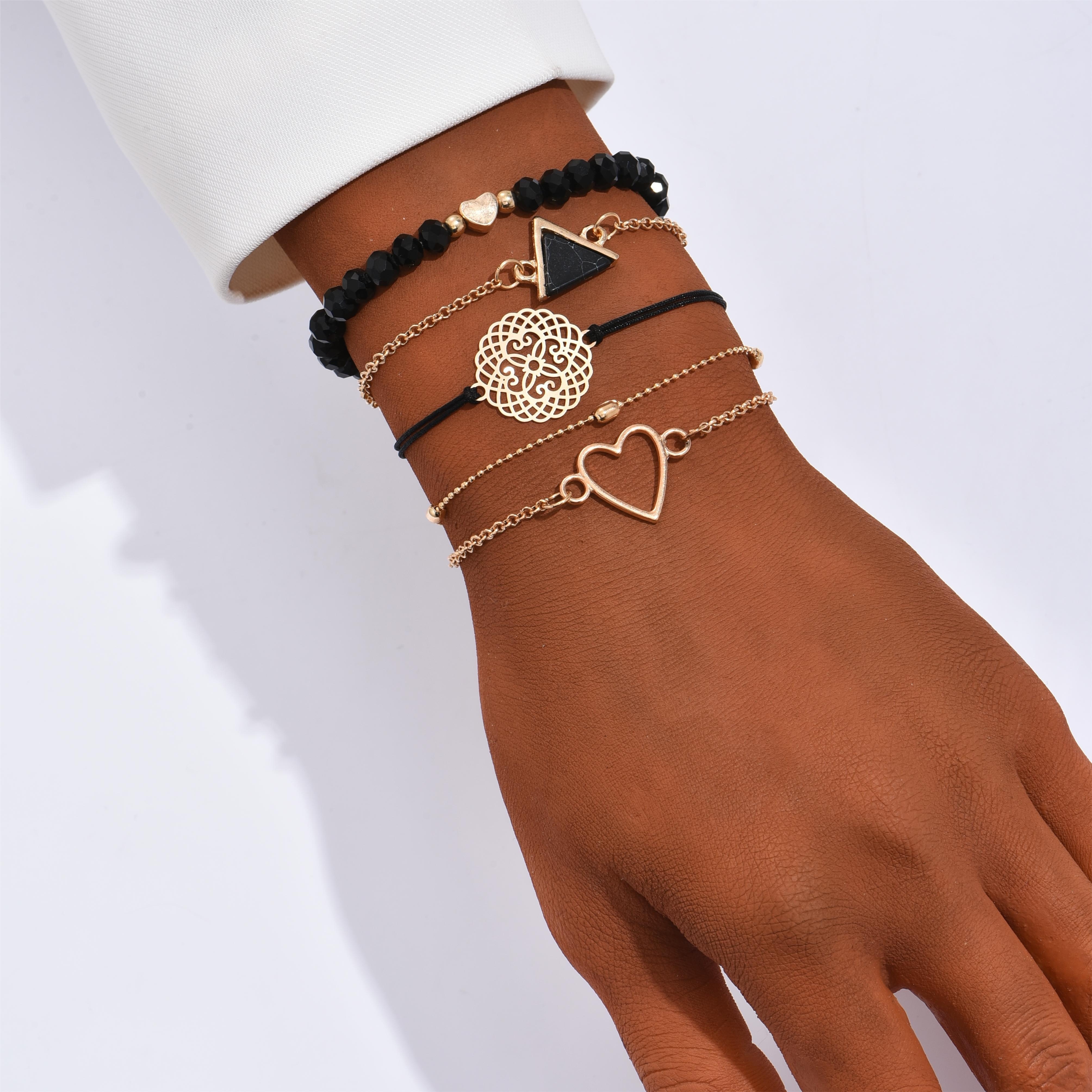 

5 Pcs Set Of Hollow Heart Triangle Coin Design Bracelet Vintage Bohemian Style Adjustable Female Hand Chain Female Gift