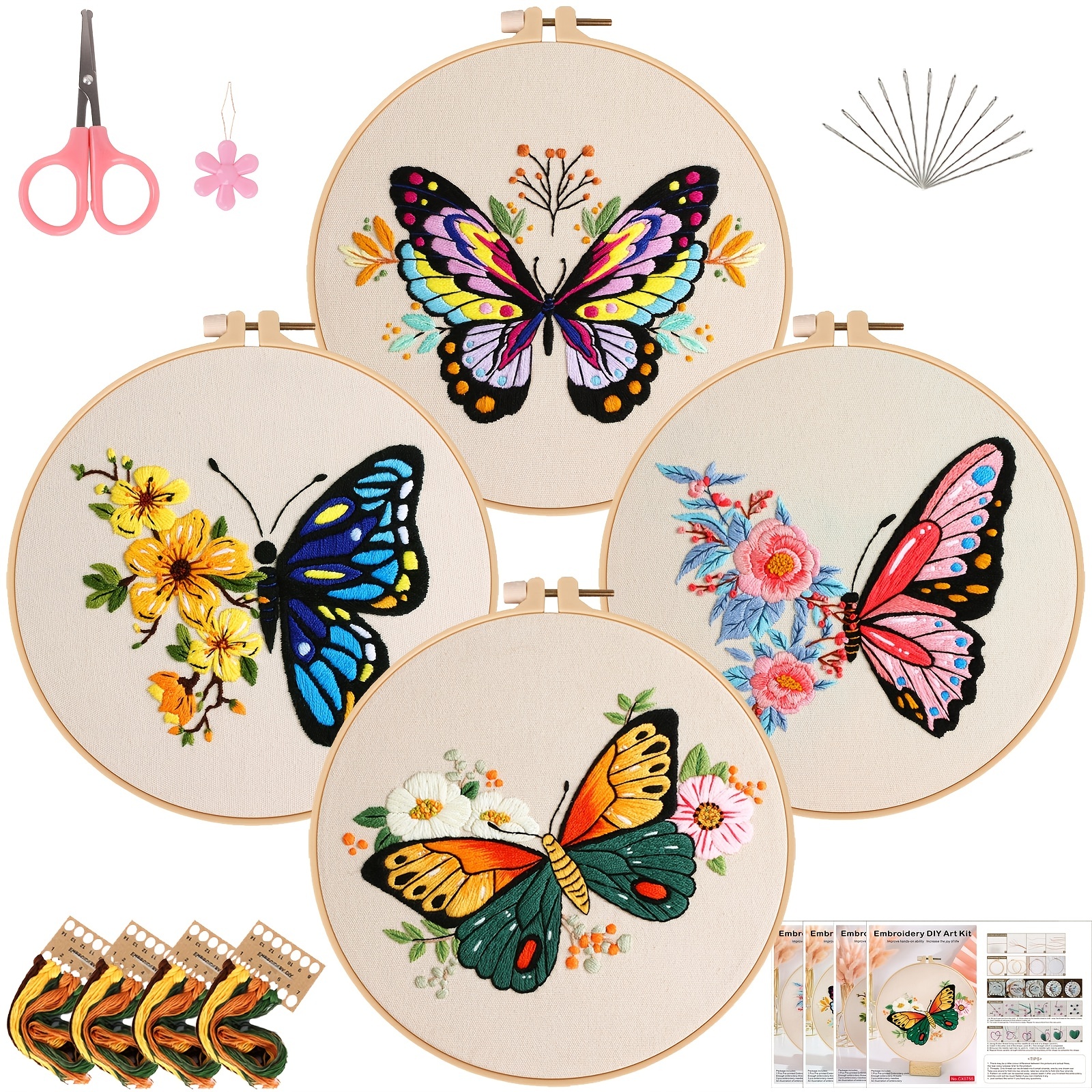 4Pcs Embroidery Kit with Butterflies & Flowers: Lowest Price, Free Shipping