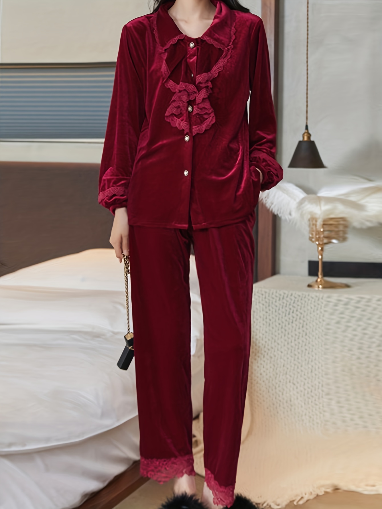 Lace Trim Velvet Pajama Set, Long Sleeve Lapel Top & Elastic Waistband  Pants, Women's Sleepwear & Loungewear