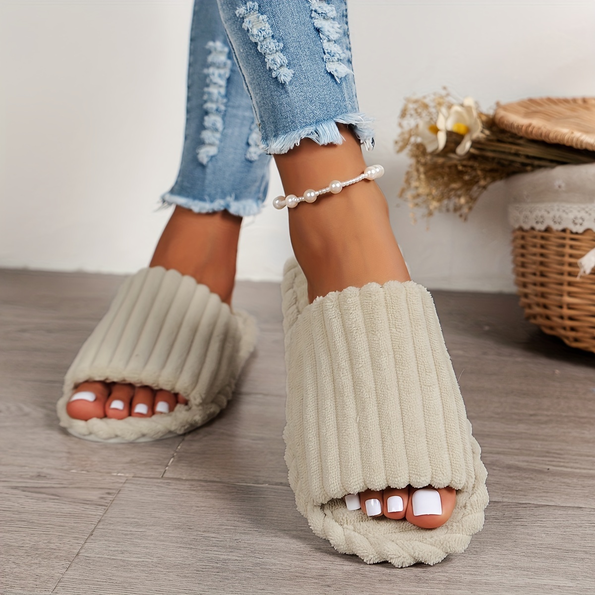 Women's Fluffy Home Slippers, Open Toe Soft Fuzzy Flat Slippers, Cozy  Indoor Bedroom Slippers - Temu