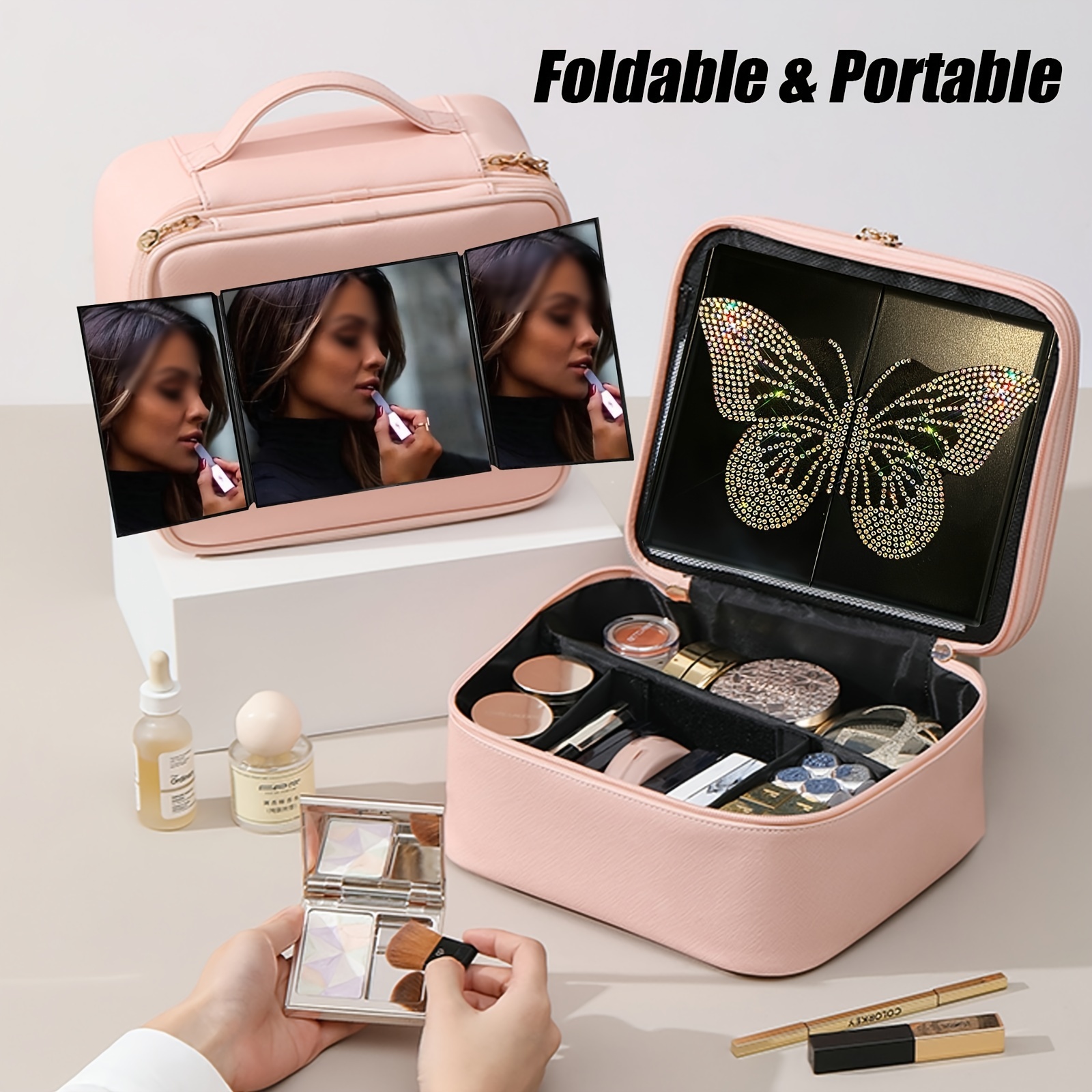 Car Three Folding Makeup Rhinestone Mirror Car Sunshade - Temu