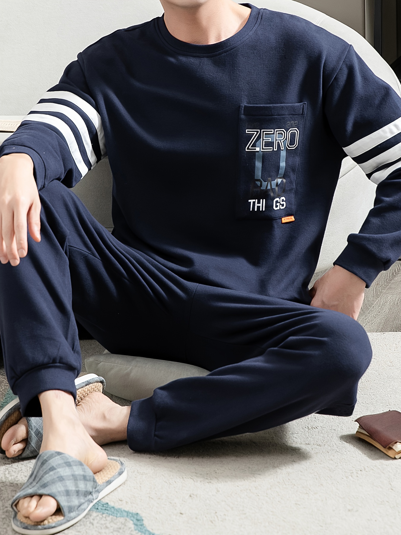 Men's Simple Style Casual Cotton Pajamas Sets, Letter Graphic Print Long Sleeve Crew Neck With Chest Pocket Top & Loose Pants Lounge Wear, Outdoor Sets For Spring Autumn