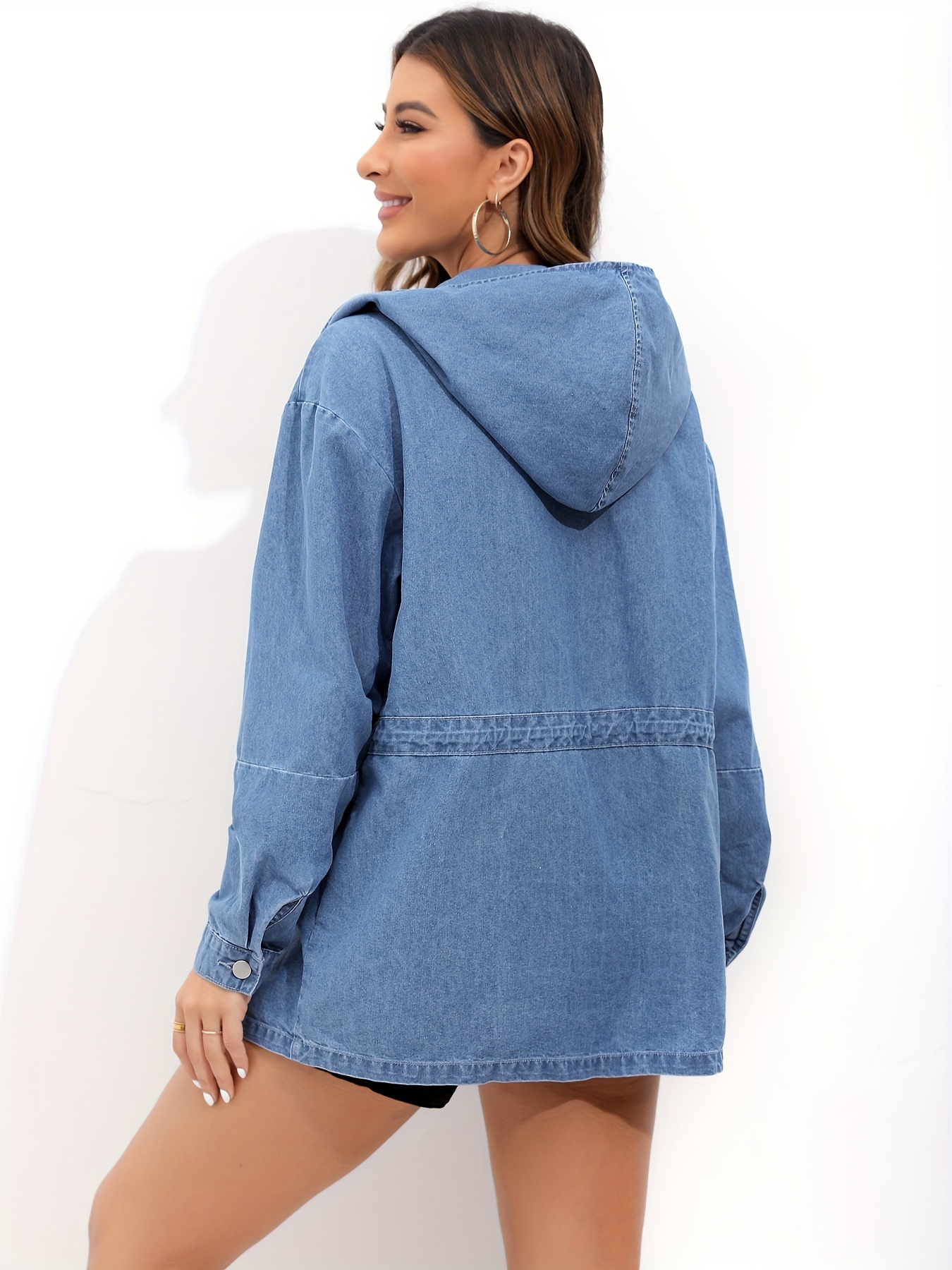 Blue Drawstring Waist Denim Coat Long Sleeves Casual Hooded Temu