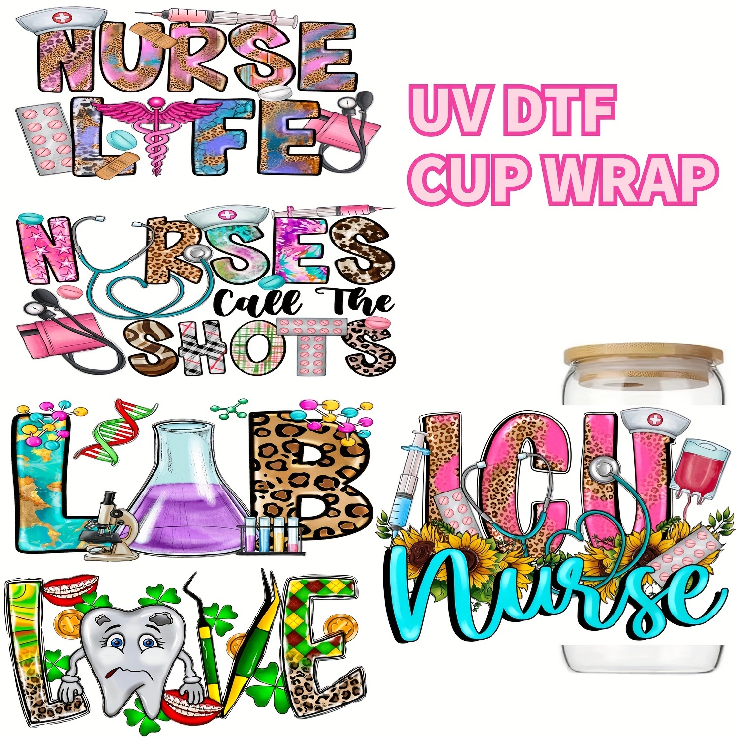 5pcs UV DTF Cup Wrap, Nurse Theme Rub On Transfers For Crafting UV DTF  Decals For 16OZ Libbey Glass Cups UV DTF Cup Wrap Transfer Cup Stickers