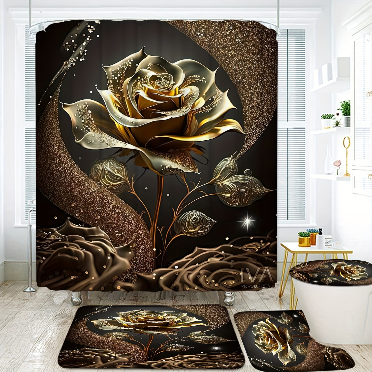 

4pcs Golden Rose Printed Shower Curtain Set, Waterproof Shower Curtain With 12 Hooks, Non-slip Rug, Toilet Lid Cover Pad And U-shaped Mat, Bathroom Accessories, Home Bathroom Decor