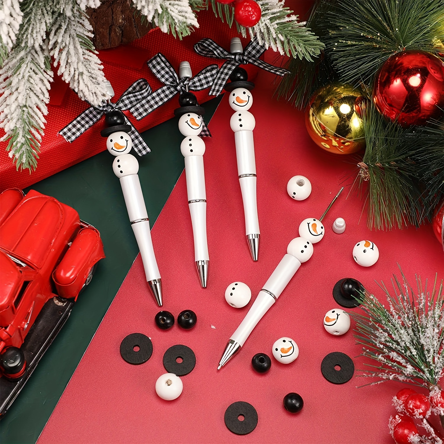 Beadable Pens Winter Bead Pens And Snowmen Wooden Beads - Temu