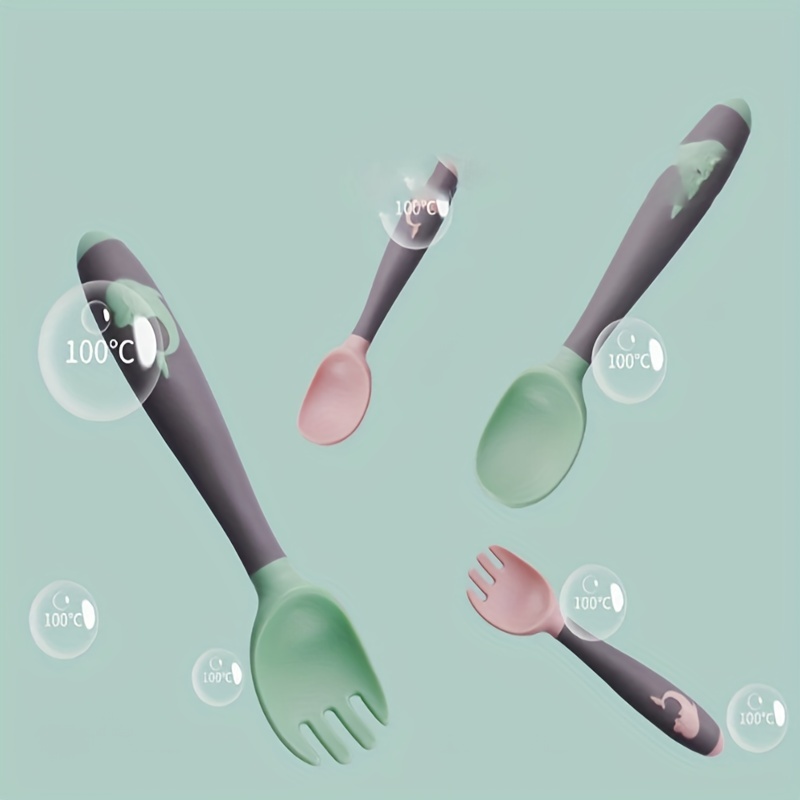 2pcs/set Food Grade Silicone Mini Fork Spoon For Baby Wooden Print