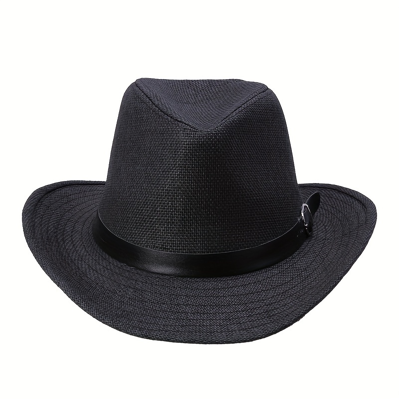 Western Cowboy Straw Fedora Belt Decor Wide Brim Sun Hat