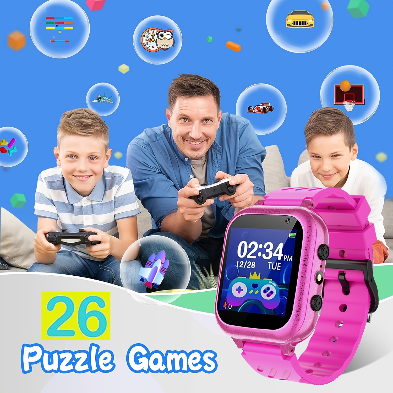 Reloj inteligente para niños, reloj inteligente para niños, juguetes con 26  juegos de rompecabezas, pantalla táctil, cámara HD, reloj despertador