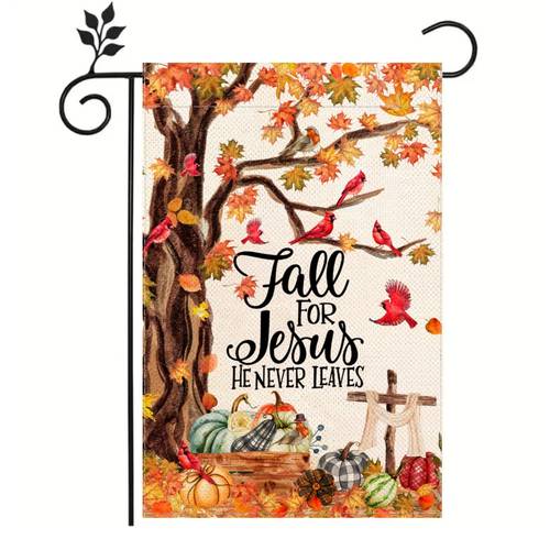 1pc fall tree cardinal house flag fall for jesus he never leaves flag vertical double sided pumpkin autumn harvest thanksgiving holiday yard outdoor outside decoration small double sided burlap 12 18in gifts for families friends