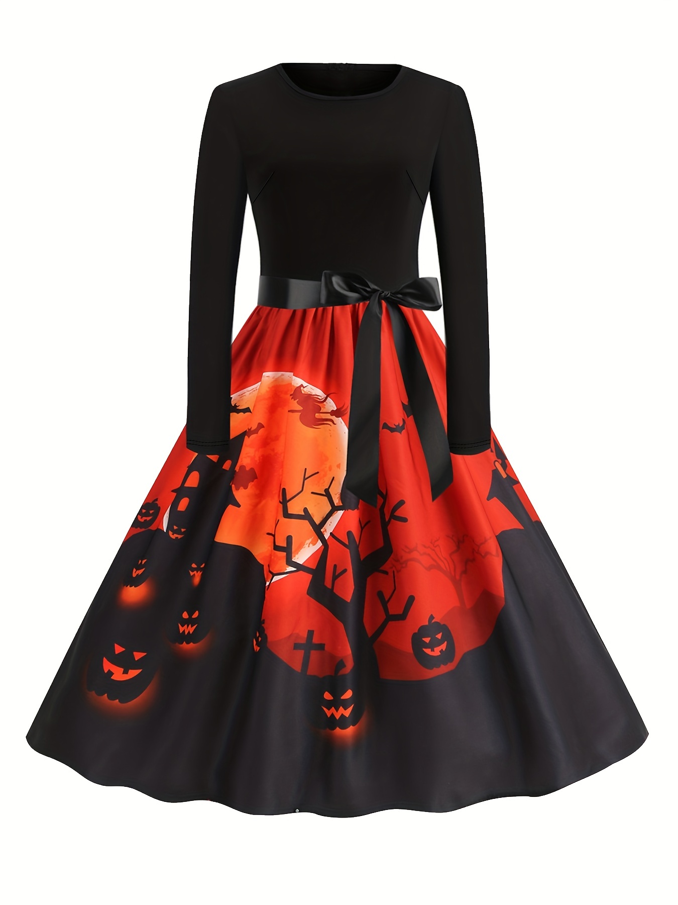 plus size halloween gothic dress womens plus colorblock pumpkin castle print long sleeve round neck swing belted party dress