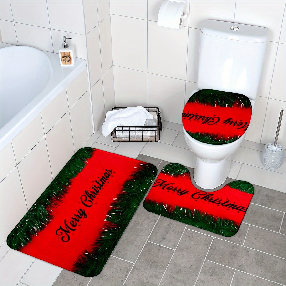 Christmas Pine Needles Flower Pattern Bathroom Rug, Bath Mats Set For  Bathroom, No Silp Washable Cover Floor Rug, Decorations For Bathroom  Bedroom, Set Includes Bath Rug, Contour Mat, And Toilet Lid Cover