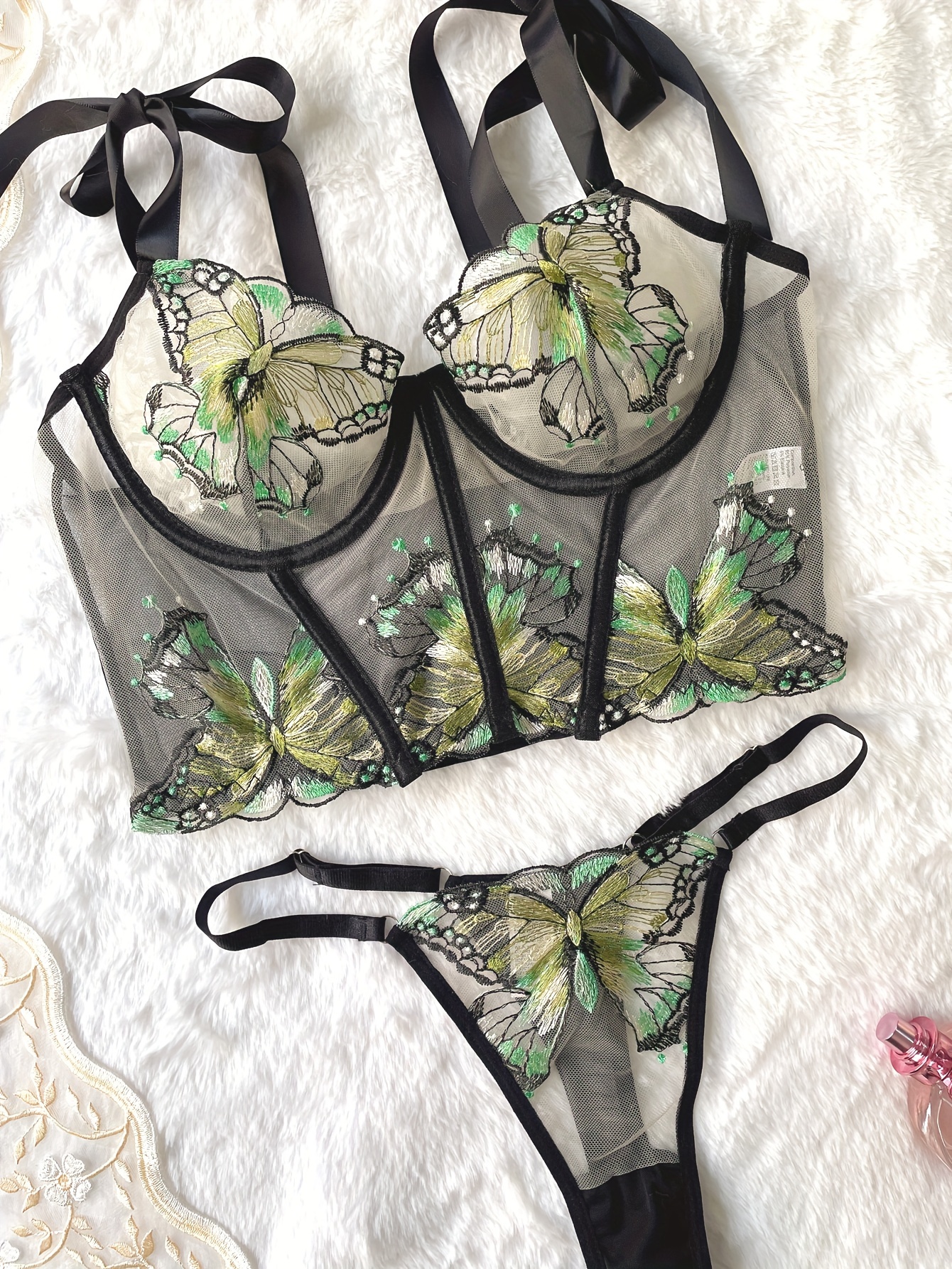 Exotic Butterfly Lingerie Set With Fancy Lace, Fairy Embroidery