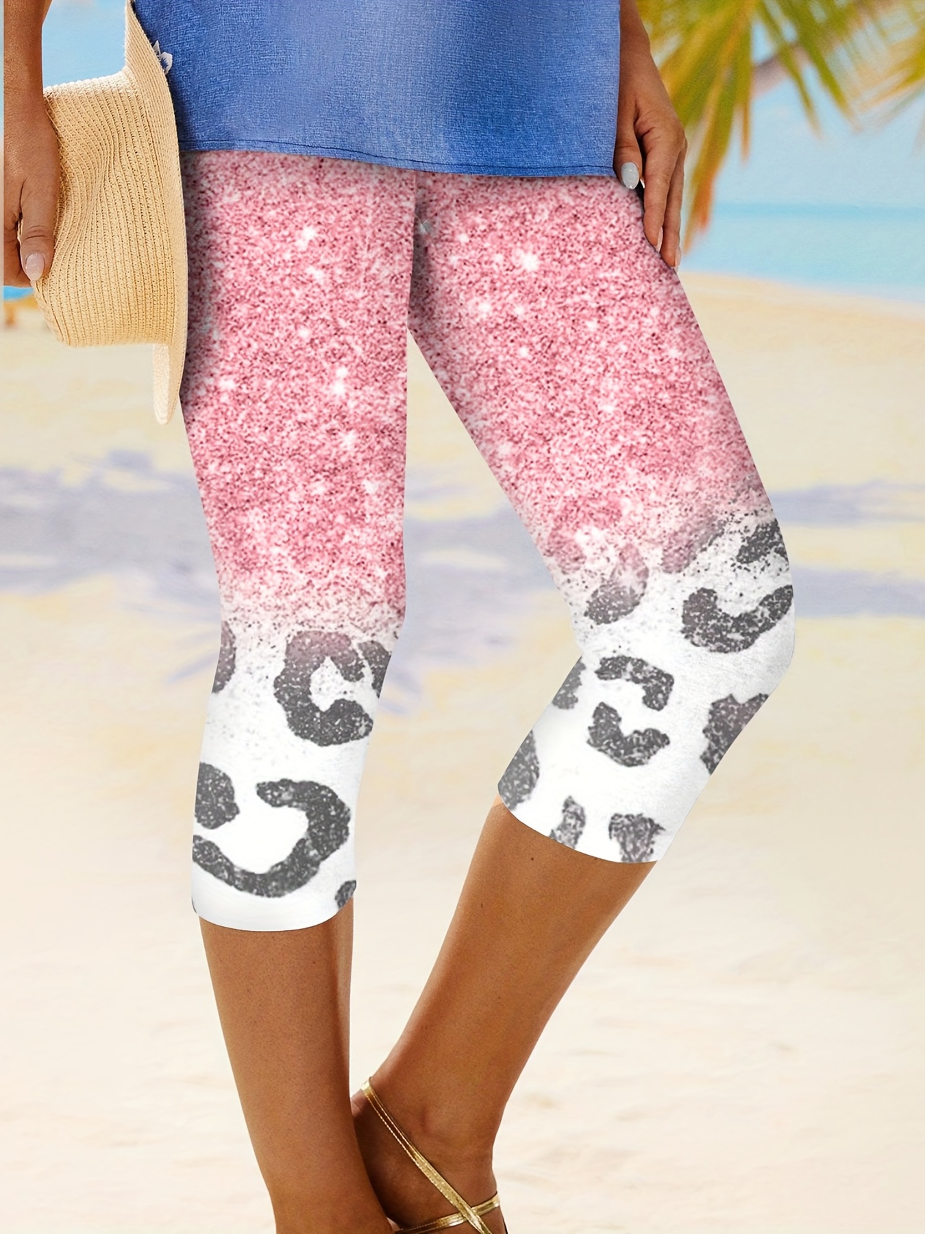 Solid Lace Stitching Capris Leggings Casual Crop Leggings - Temu