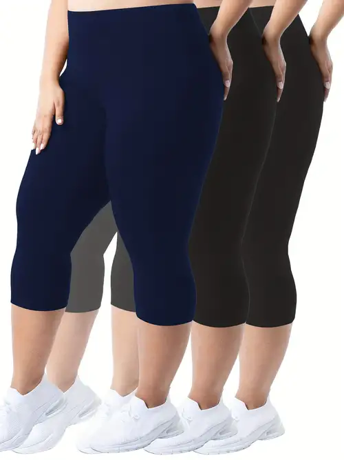 3 Pack Plus Size Sports Leggings Set, Women's Plus Solid High Waist Active  Capri Yoga Pants Three Piece Set