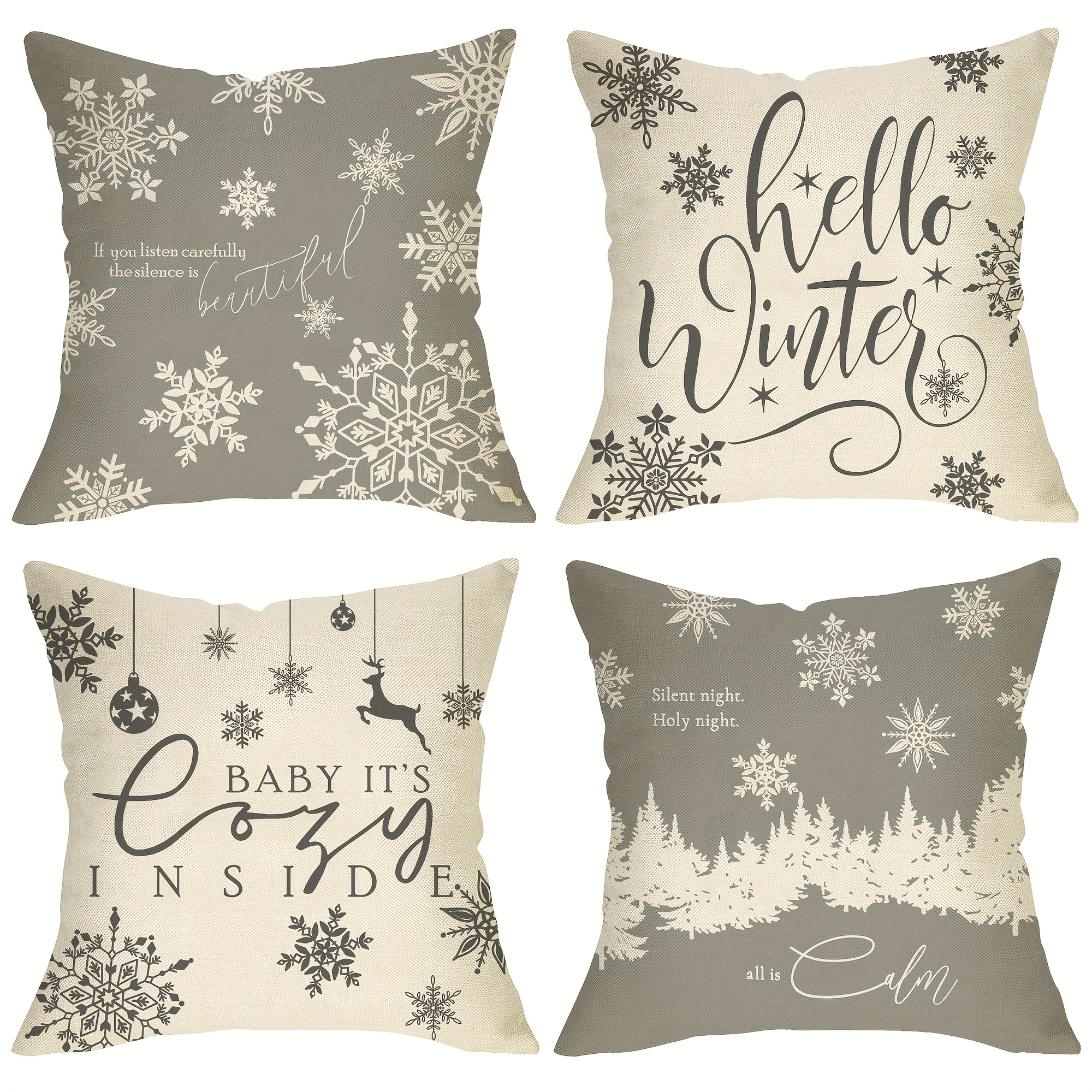 

4pcs Linen Blend Snowflake Letter Pillowcases Home Accessories Living Room Sofa Bedroom Contemporary Style Zipper Pillow Case Without Pillow Core