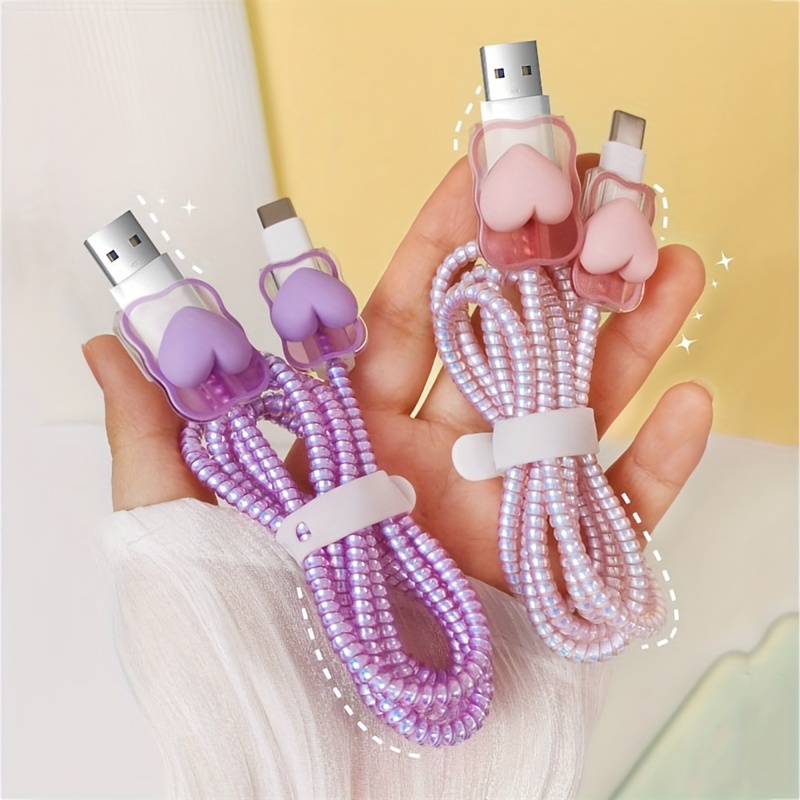 

Cute Love Heart Transparent Gradual Changing Charger Protector Cover Charger Line Protectors Organizer Cable Winder Protector Cover