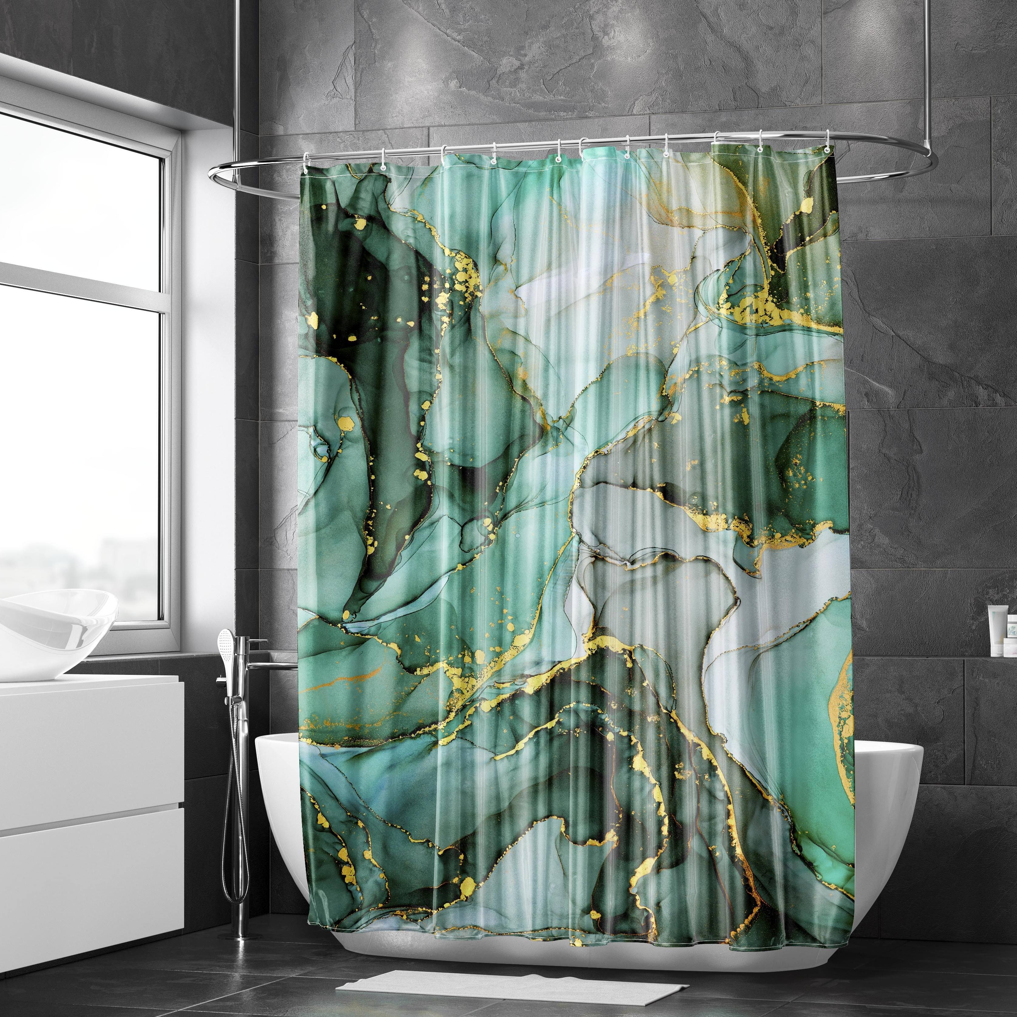 1pc Waterproof Emerald Green Marble Bath Curtain with 12 Hooks - 72'' x  72'' - Perfect for Bathroom Decor and Shower Liner