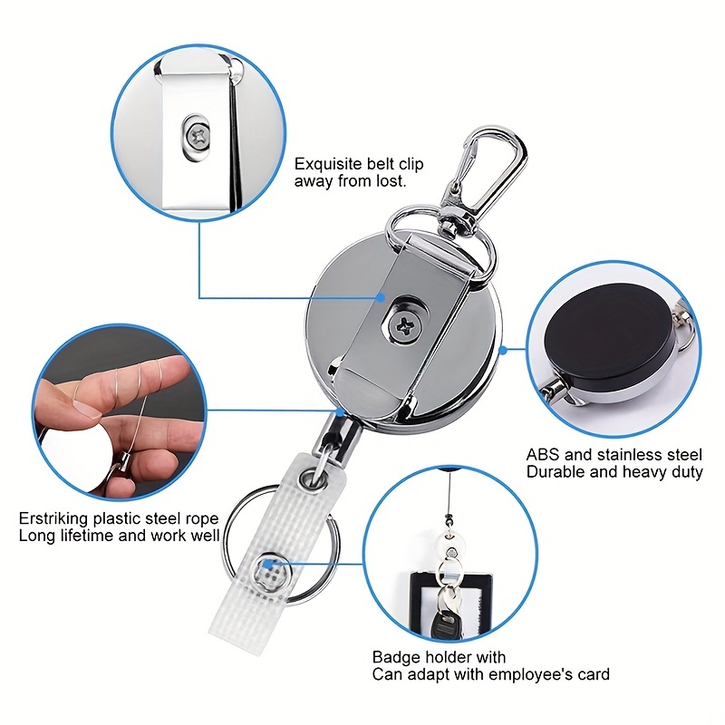 1pc Heavy Duty Retractable Keyring With Id Badge Strap Steel Belt