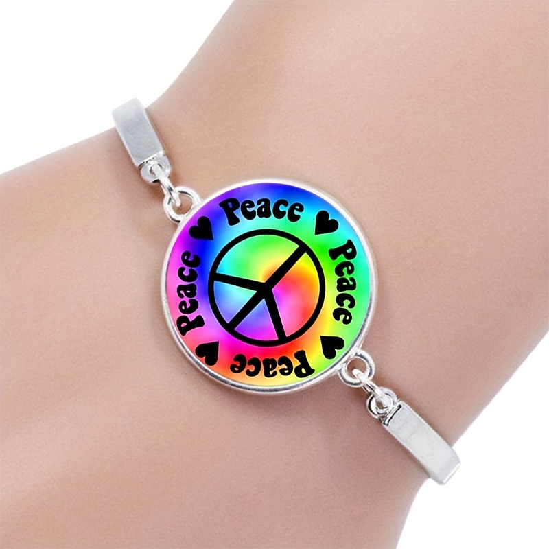 Retro Peace Love Hippie Peace Sign Penadant Bangle Bracelet Temu