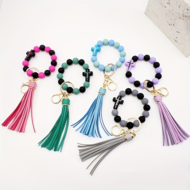 1pc Tassel Wooden Beads Imitation Silicone Beads Hand String Keychain for Men,Temu