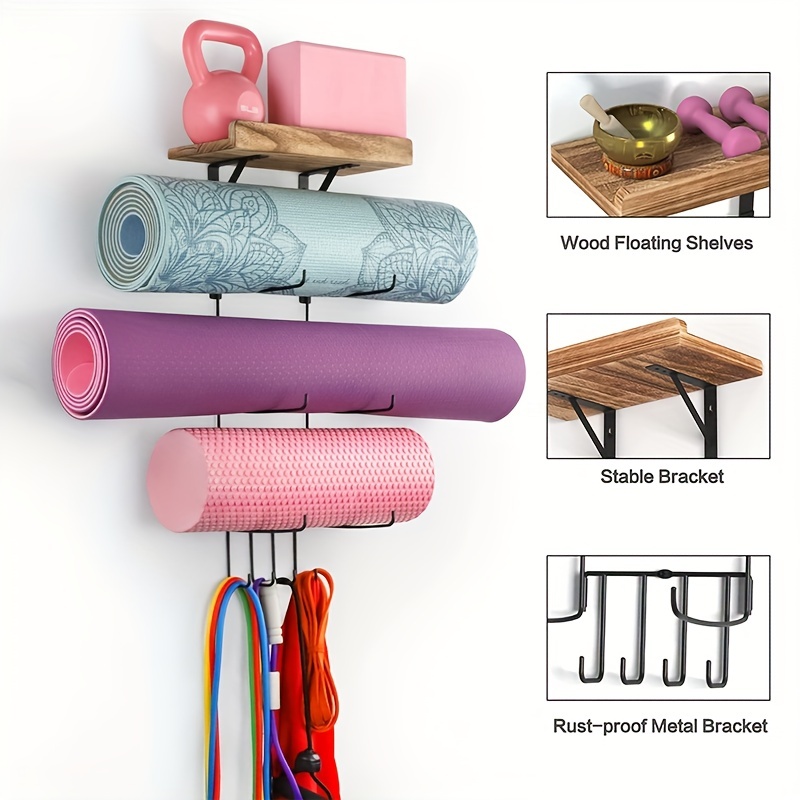 Tomreky Yoga Mat Holder Wall Mount Accessories Rack W/Solid Wood Shelf & 4  Hooks