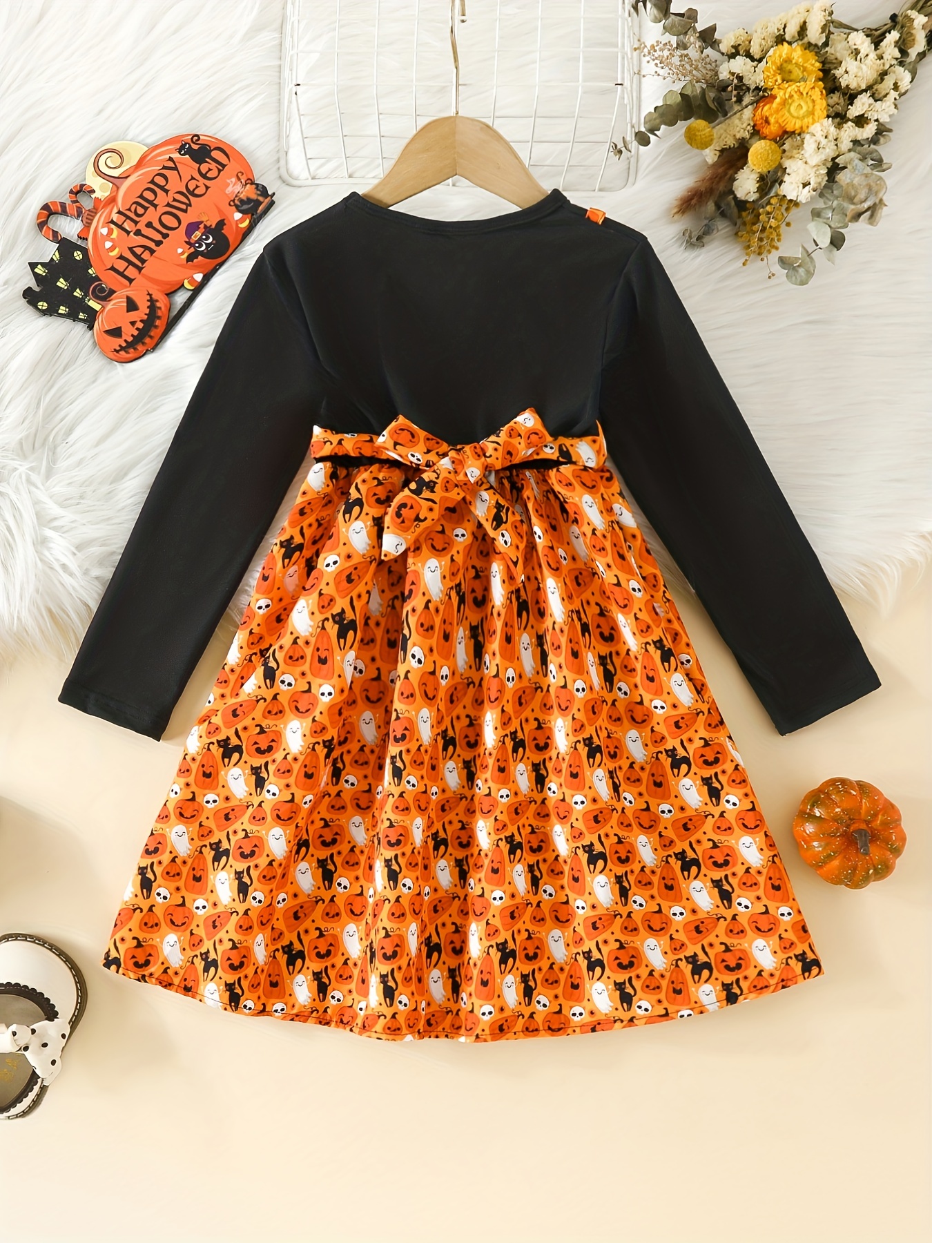 Girls' Halloween Ghosts Long Sleeve Dress