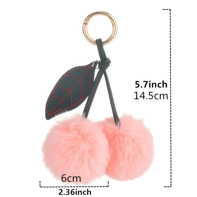 Cute Fluffy Artificial Rabbit Fur Ball Pompom Leaf Keychain, Cherry Key Chain Handbag Pendant Car Key Chain Key Ring Car Interior Accessories,Temu