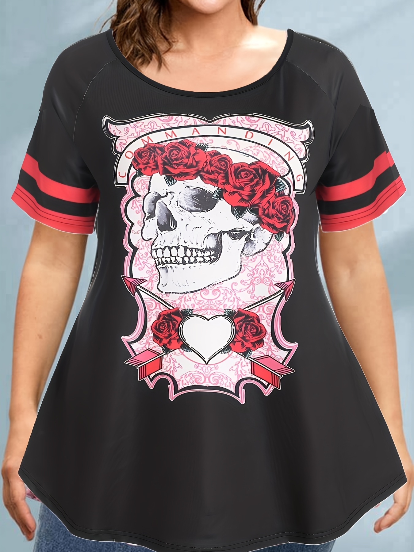 Plus Size Goth T-shirt, Women's Plus Skull & Rose Print Short Sleeve Round  Neck Slight Stretch T-shirt