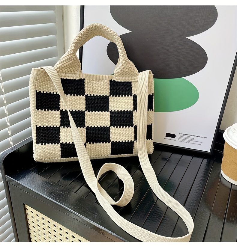 Black and White Checkered Pattern Crochet Bag Tote Bag