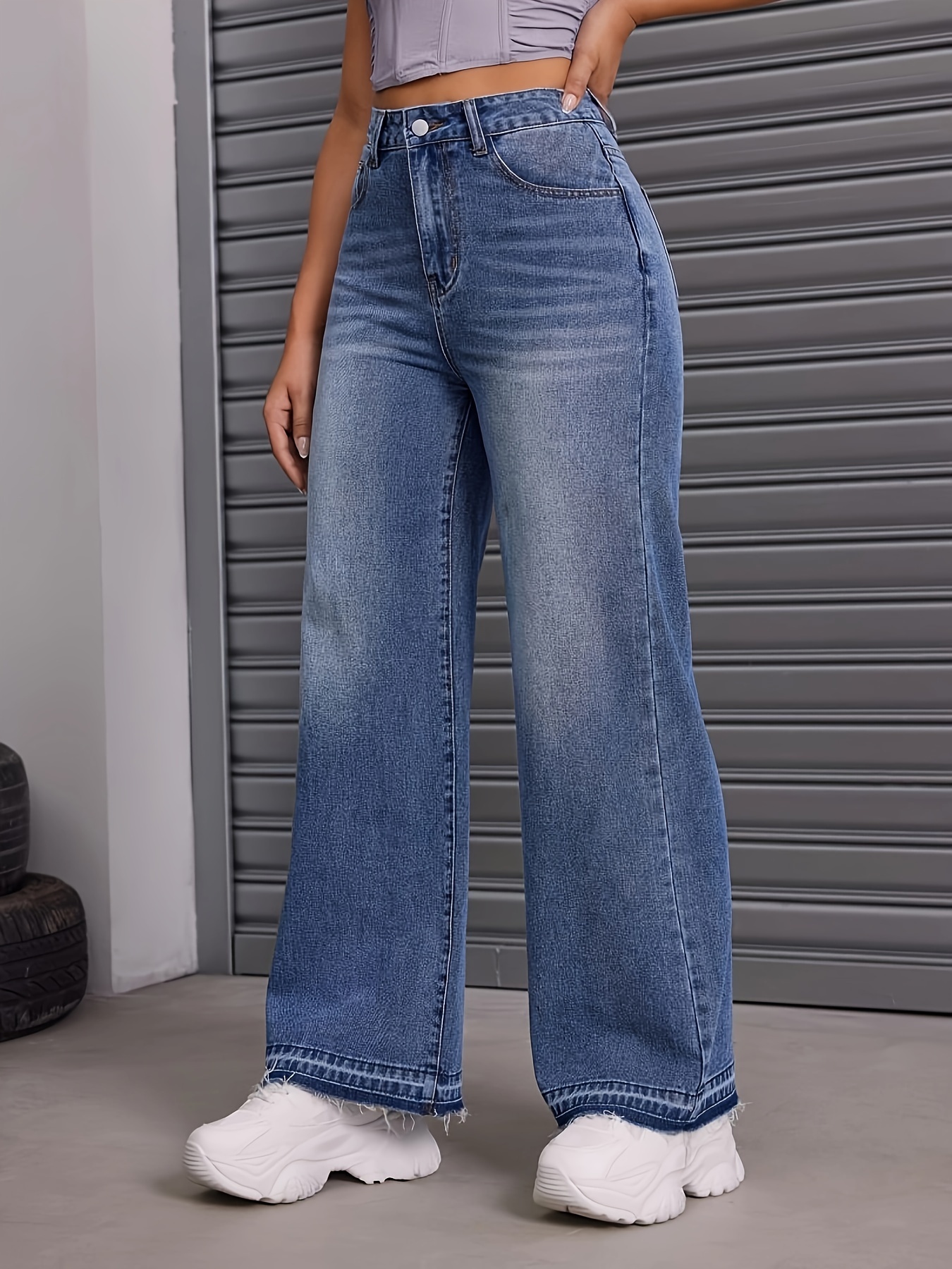 Frayed Hem Washed Baggy Jeans, High Waist Loose Fit Retro Style Wide Legs  Jeans, Women's Denim Jeans & Clothing