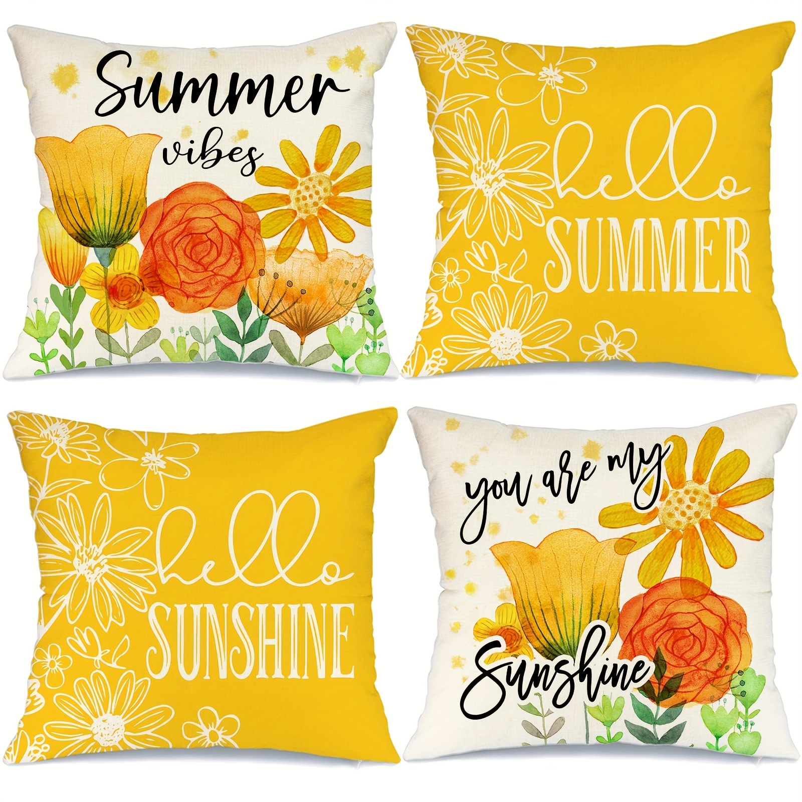 

4pcs Summer Hello Sunshine Flower Print Throw Pillowcases For Living Room Bedroom Sofa Home Decor - 18x18in