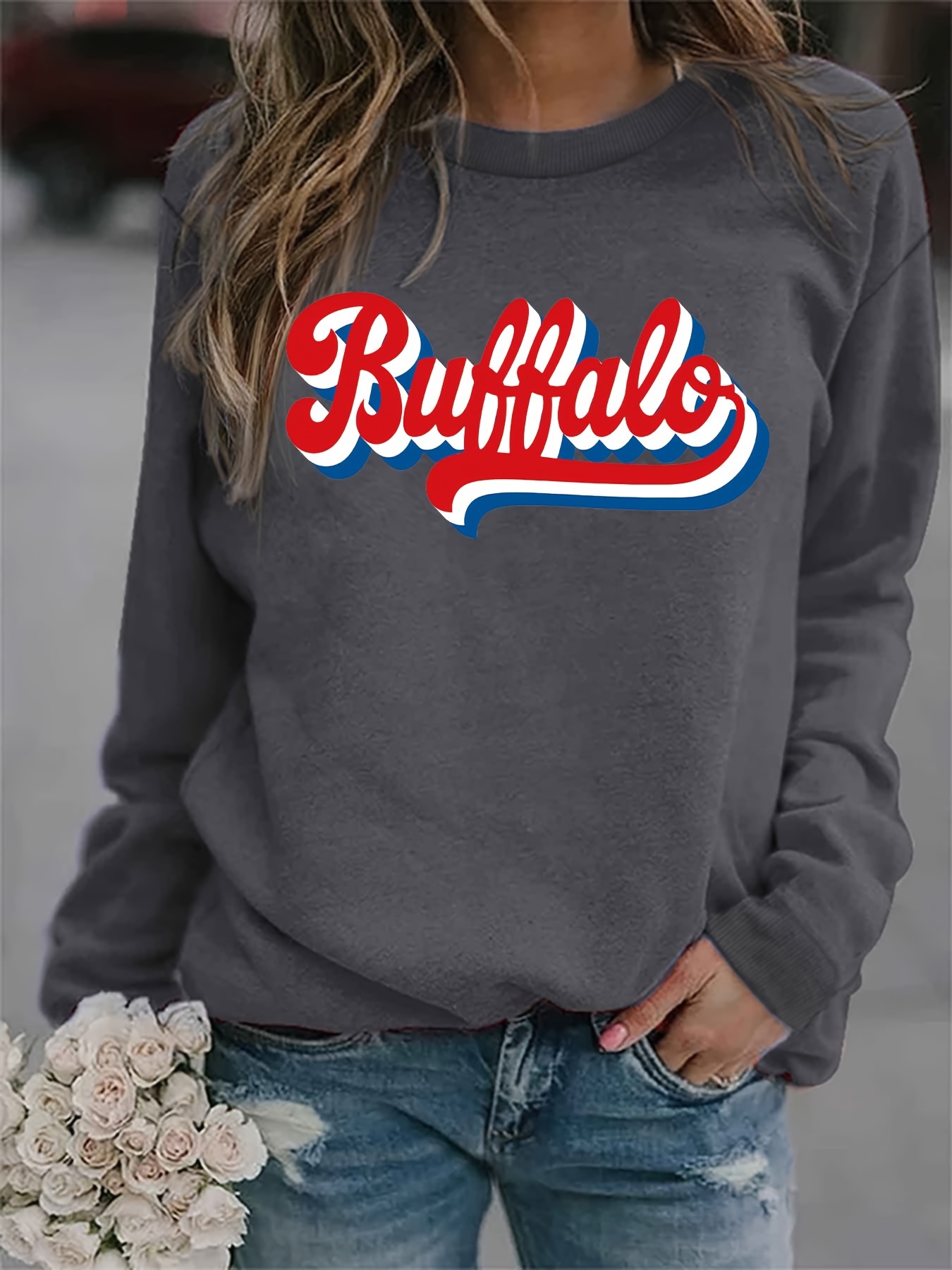 Buffalo Print Sweatshirt Casual Long Sleeve Crew Neck - Temu