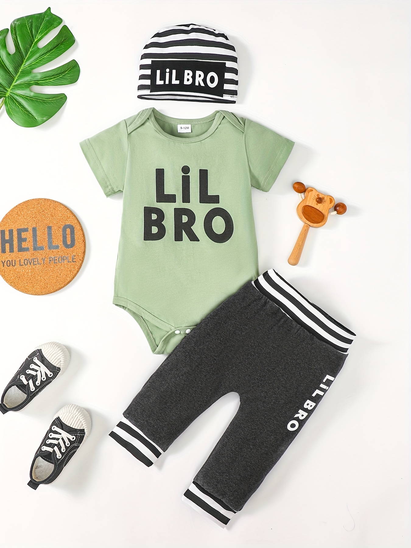 3pcs Baby Boys Cute Daddy's Best Buddy/LIL KING/LIL BRO Short Sleeve Onesie Romper & Pants & Hat Set, Kids Clothes