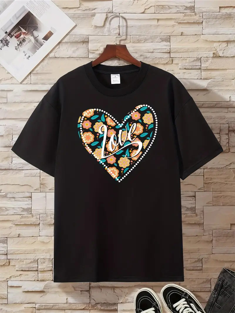 Heart & Floral Pattern T-shirt, Men's Casual Slightly Stretch