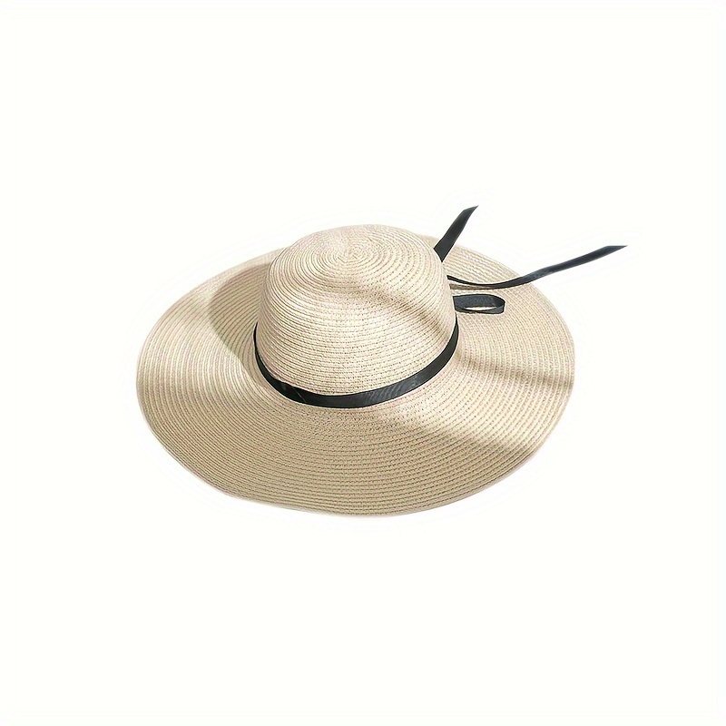 Beige Flat Top Sun Hat Wide Pleated Ribbon Decor Straw Hat - Temu