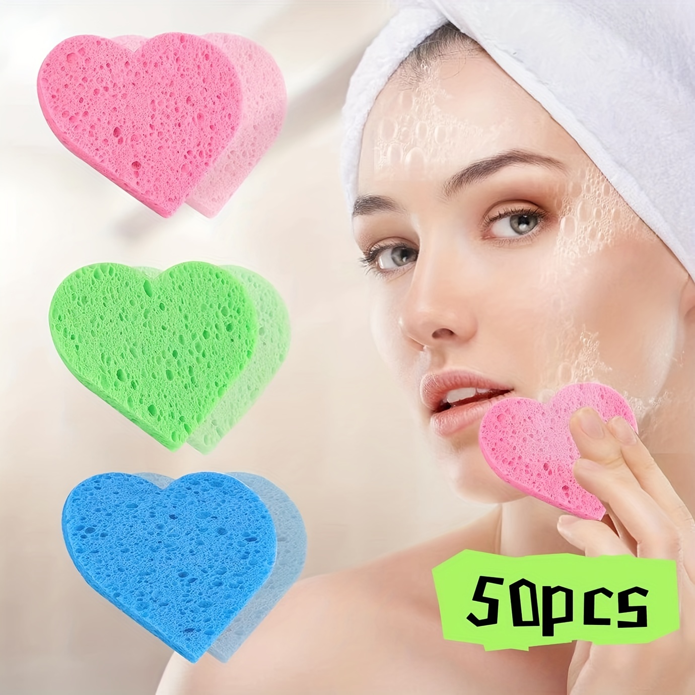 50-Count Facial Sponges - Loeictam Reusable Heart Compressed Facial Sponges  100% Natural Cellulose Face Sponge for Facial Cleansing Exfoliating Makeup  Removal