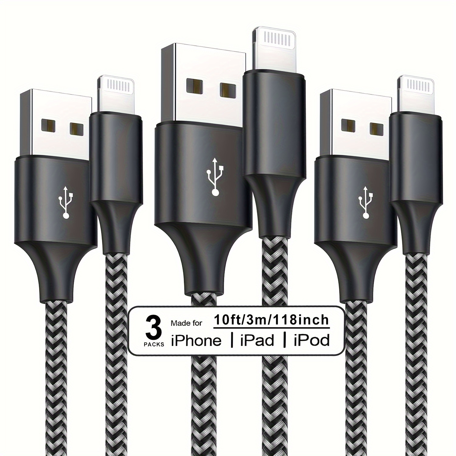 Black and White Glow Lightning Cable [10 ft / 3m length] – Charge