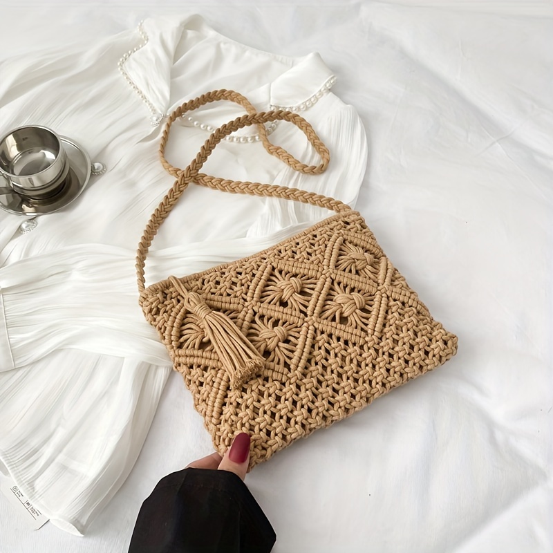 Image of Women Summer Straw Hollow Out Woven Fashion Shoulder Bag Beach Tassel Designer Crossbody Travel Bag