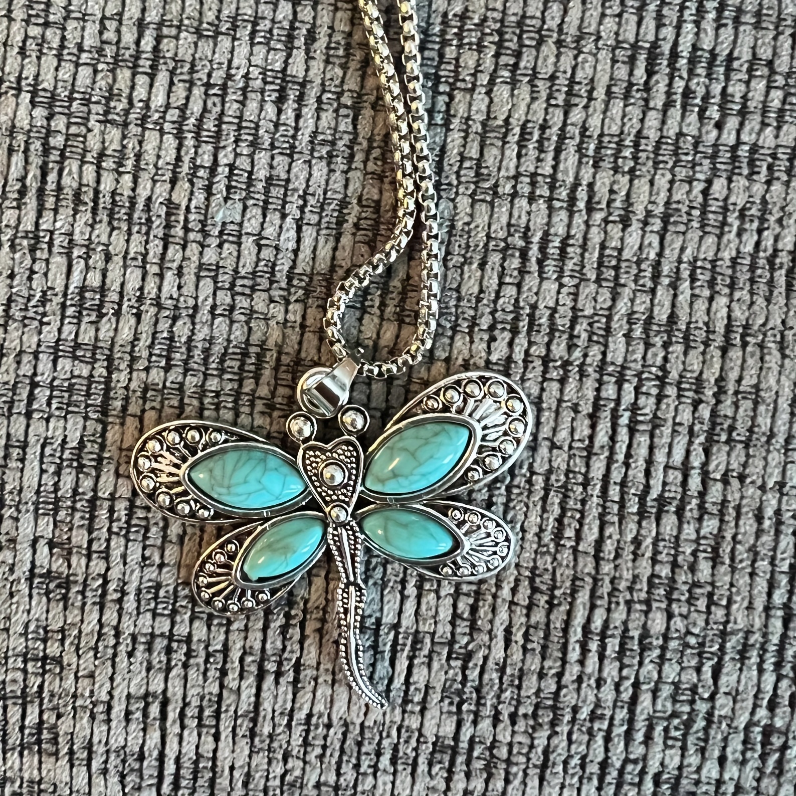 creative vintage dragonfly turquoise pendant necklace silver plated jewelry gift details 4