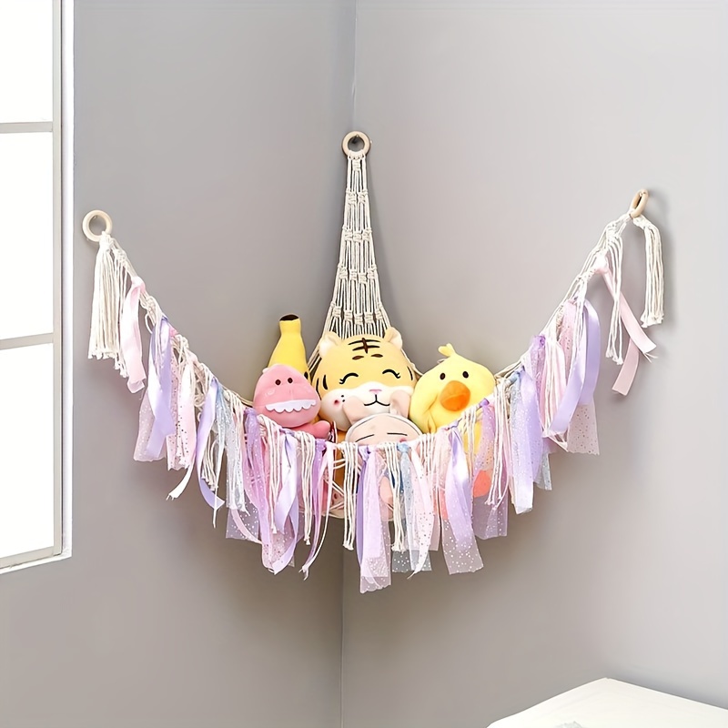 Hand Woven Rope, Wall Hanging Toy Storage Mesh Bag, Wall
